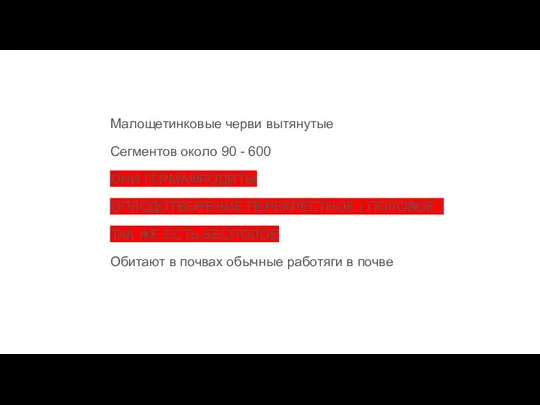 Малощетинковые черви вытянутые Сегментов около 90 - 600 ОНИ ГЕРМАФРОДИТЫ ОПЛОДОТВОРЕНИЕ ПЕРЕКРЁСТНОЕ