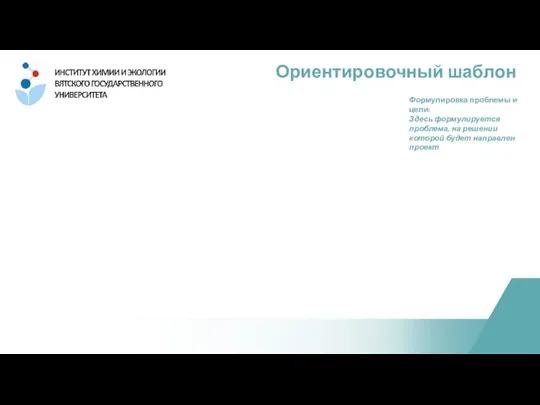 Ориентировочный шаблон Формулировка проблемы и цели: Здесь формулируется проблема, на решении которой будет направлен проект