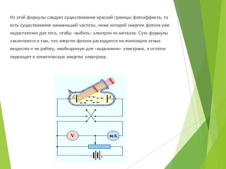 Из этой формулы следует существование красной границы фотоэффекта, то есть существование наименьшей