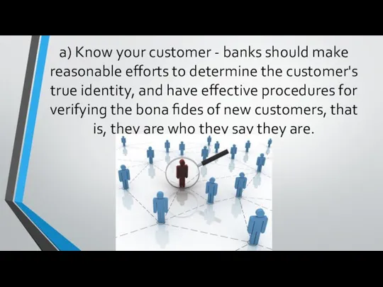 a) Know your customer - banks should make reasonable efforts to determine