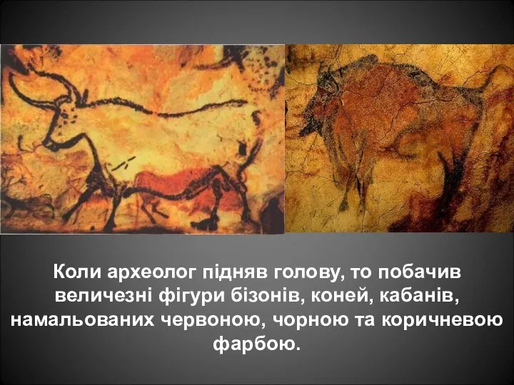 Коли археолог підняв голову, то побачив величезні фігури бізонів, коней, кабанів, намальованих