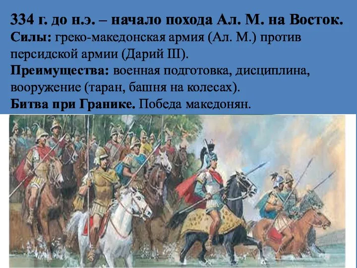 334 г. до н.э. – начало похода Ал. М. на Восток. Силы: