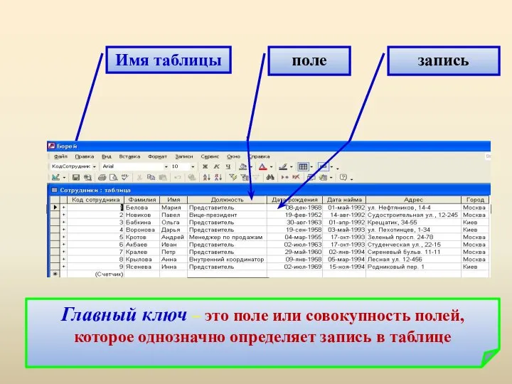 Имя таблицы поле запись Главный ключ – это поле или совокупность полей,