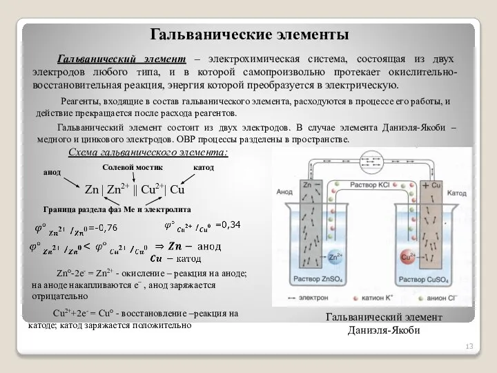 Гальванические элементы Реагенты, входящие в состав гальванического элемента, расходуются в процессе его