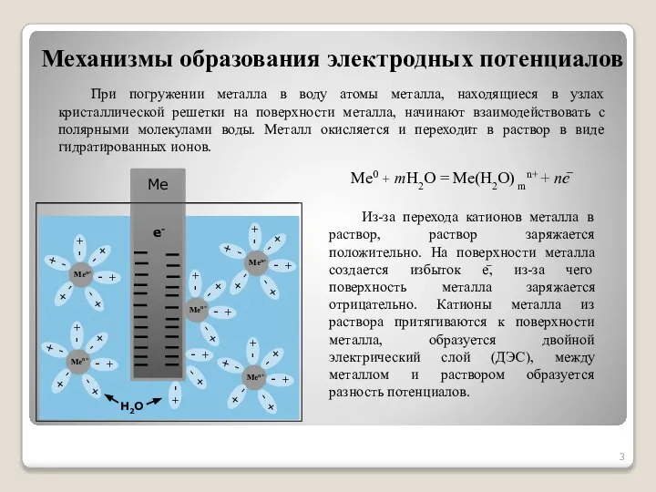 Me0 + mH2O = Me(H2O) mn+ + ne̶ При погружении металла в