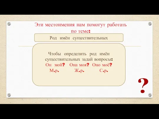 Эти местоимения нам помогут работать по теме: Род имён существительных Чтобы определить