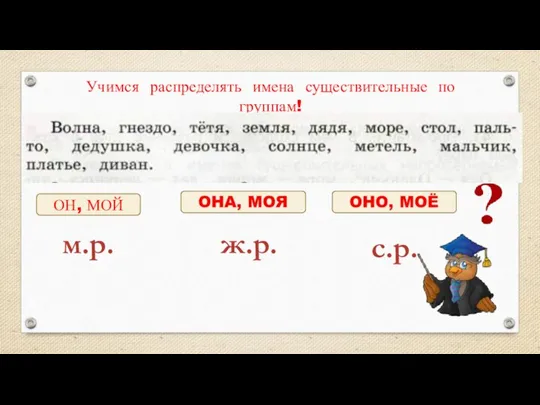 Учимся распределять имена существительные по группам! ОН, МОЙ м.р. ж.р. с.р.