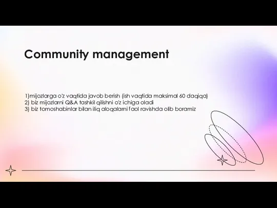 Community management 1)mijozlarga o'z vaqtida javob berish (ish vaqtida maksimal 60 daqiqa)