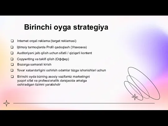 Birinchi oyga strategiya Copywriting va taklif qilish (Оффер) Tovar xabardorligini oshirish odamlar