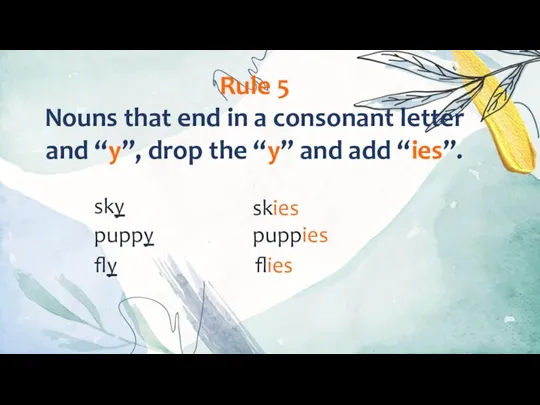 Rule 5 Nouns that end in a consonant letter and “y”, drop