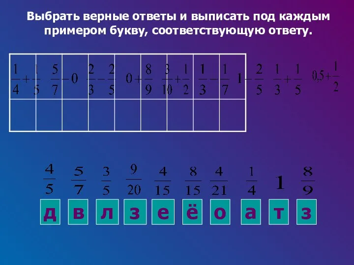 Выбрать верные ответы и выписать под каждым примером букву, соответствующую ответу. д