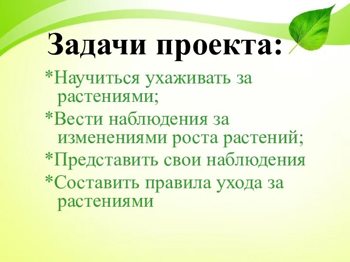 Задачи проекта: *Научиться ухаживать за растениями; *Вести наблюдения за изменениями роста растений;