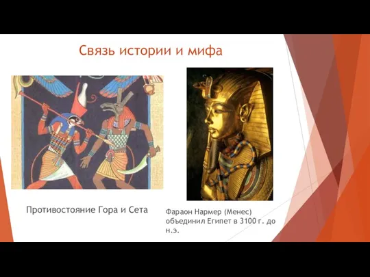 Связь истории и мифа Фараон Нармер (Менес) объединил Египет в 3100 г.