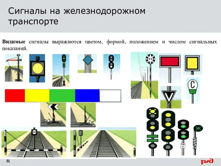 | Сигналы на железнодорожном транспорте Видимые сигналы выражаются цветом, формой, положением и числом сигнальных показаний.