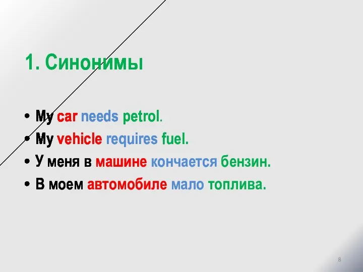 1. Синонимы My car needs petrol. My vehicle requires fuel. У меня
