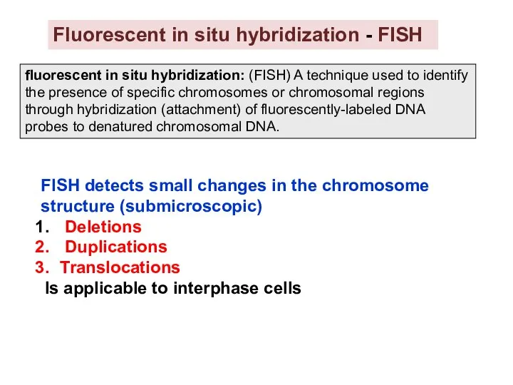fluorescent in situ hybridization: (FISH) A technique used to identify the presence