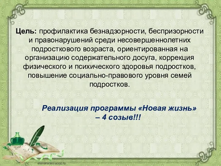 Цель: профилактика безнадзорности, беспризорности и правонарушений среди несовершеннолетних подросткового возраста, ориентированная на