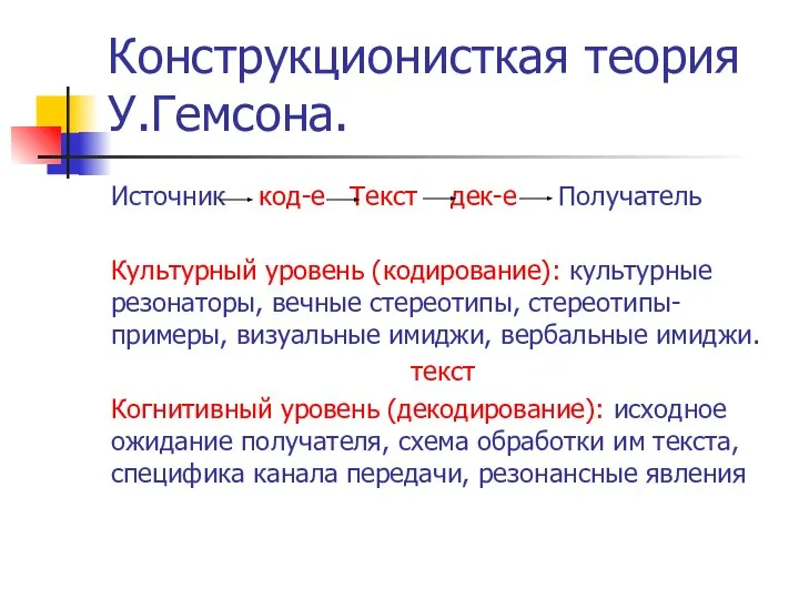 Конструкционисткая теория У.Гемсона. Источник код-е Текст дек-е Получатель Культурный уровень (кодирование): культурные