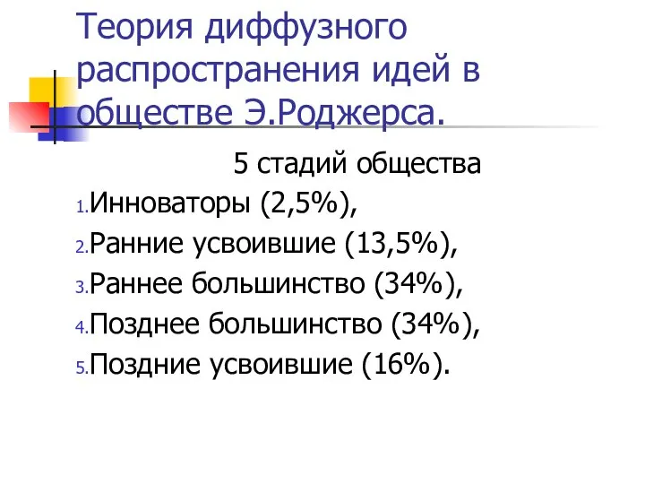 Теория диффузного распространения идей в обществе Э.Роджерса. 5 стадий общества Инноваторы (2,5%),