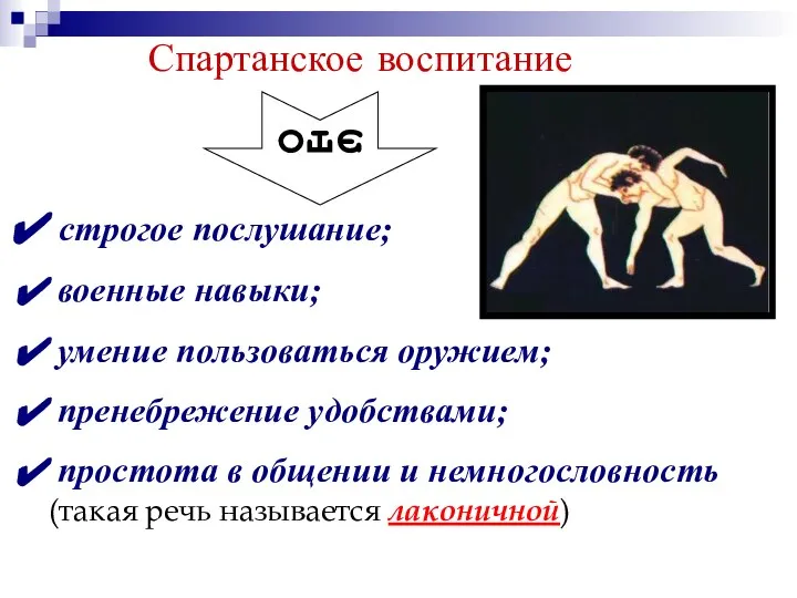 Спартанское воспитание это строгое послушание; военные навыки; умение пользоваться оружием; пренебрежение удобствами;