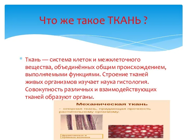 Ткань — система клеток и межклеточного вещества, объединённых общим происхождением, выполняемыми функциями.