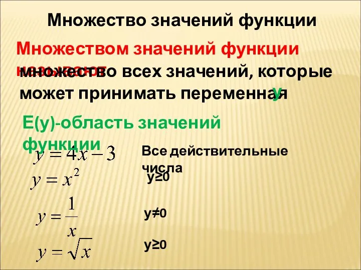 Множество значений функции Все действительные числа у≥0 у≠0 у≥0 Множеством значений функции