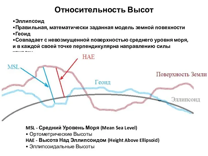 Относительность Высот •Эллипсоид •Правильная, математически заданная модель земной повехности •Геоид •Совпадает с