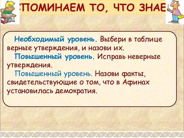 ВСПОМИНАЕМ ТО, ЧТО ЗНАЕМ Необходимый уровень. Выбери в таблице верные утверждения, и