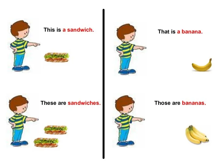 This is a sandwich. These are sandwiches. That is a banana. Those are bananas.