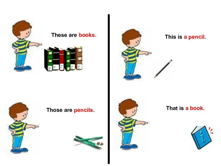 These are books. Those are pencils. This is a pencil. That is a book.