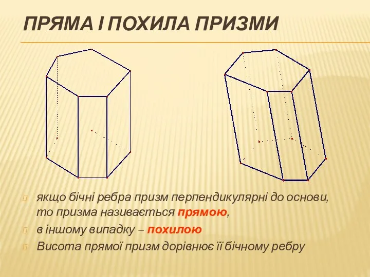 ПРЯМА І ПОХИЛА ПРИЗМИ якщо бічні ребра призм перпендикулярні до основи, то