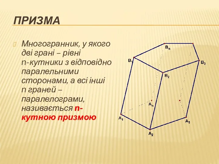 ПРИЗМА Многогранник, у якого дві грані – рівні n-кутники з відповідно паралельними