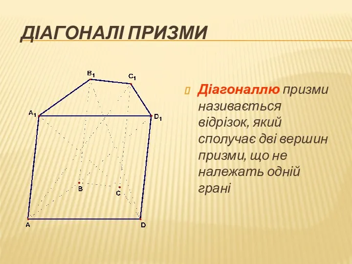 ДІАГОНАЛІ ПРИЗМИ Діагоналлю призми називається відрізок, який сполучає дві вершин призми, що не належать одній грані