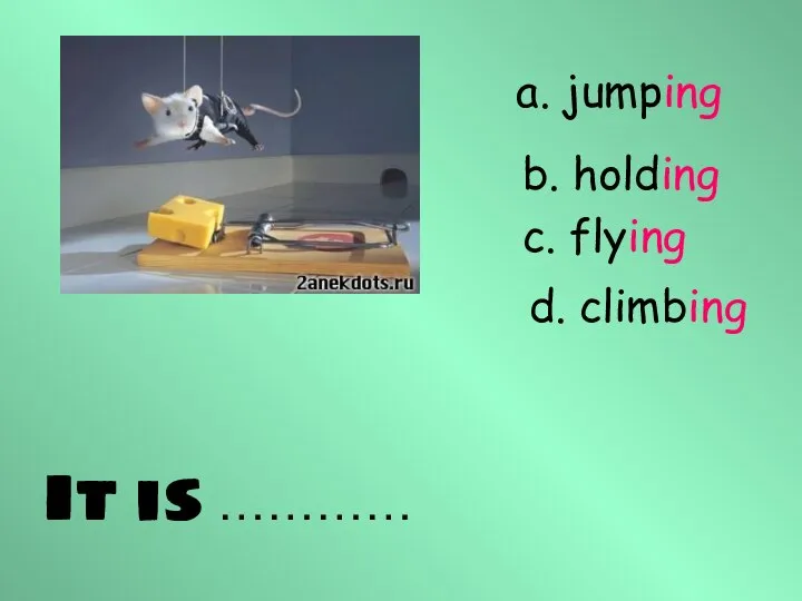 It is ………… a. jumping b. holding c. flying d. climbing