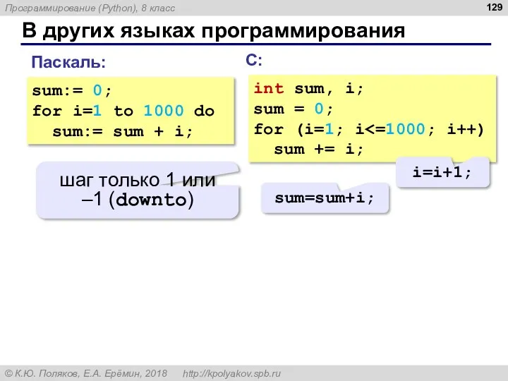 В других языках программирования С: int sum, i; sum = 0; for