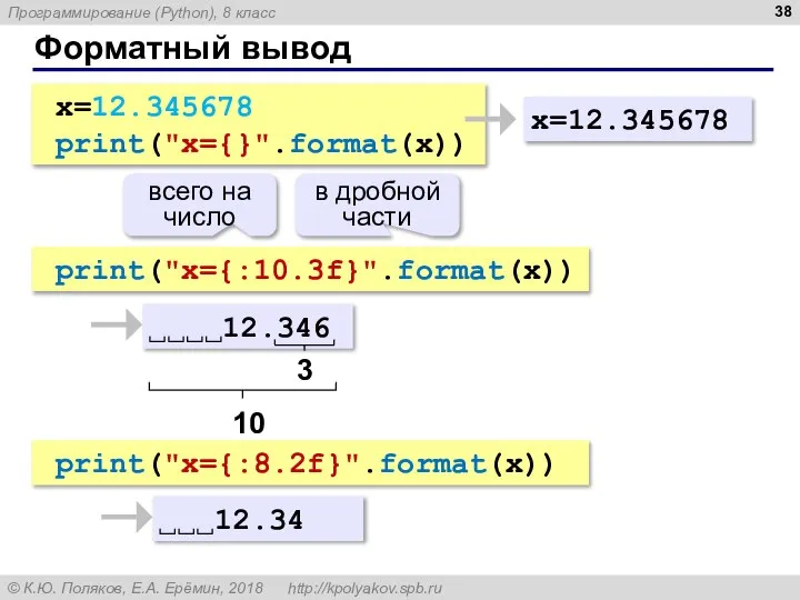 print("x={:10.3f}".format(x)) Форматный вывод x=12.345678 print("x={}".format(x)) x=12.345678 12.346 3 10 всего на число