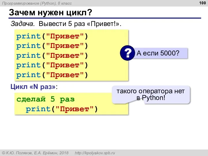 Зачем нужен цикл? Задача. Вывести 5 раз «Привет!». print("Привет") print("Привет") print("Привет") print("Привет")