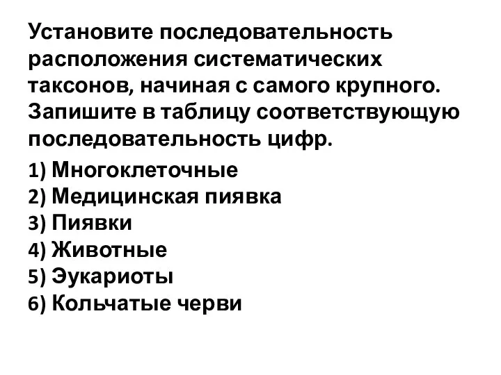 Установите последовательность расположения систематических таксонов, начиная с самого крупного. Запишите в таблицу