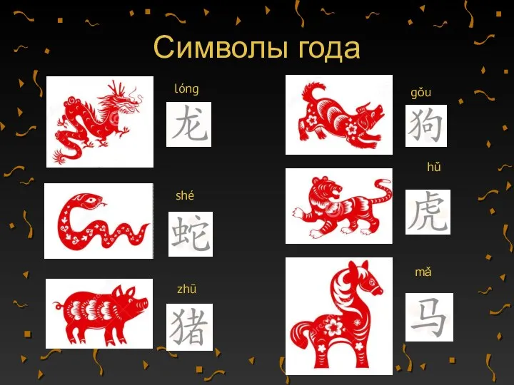 Символы года lóng hǔ zhū gǒu mǎ shé