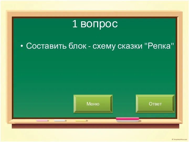 1 вопрос Составить блок - схему сказки "Репка" Меню Ответ