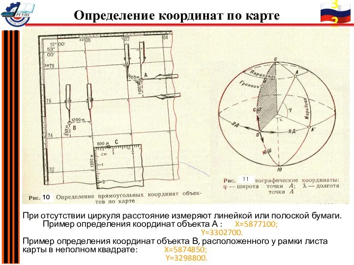 При отсутствии циркуля расстояние измеряют линейкой или полоской бумаги. Пример определения координат