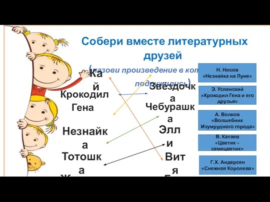 Собери вместе литературных друзей (назови произведение в котором они подружились) Кай Герда