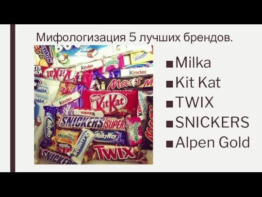 Мифологизация 5 лучших брендов. Milka Kit Kat TWIX SNICKERS Alpen Gold