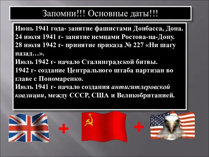 Запомни!!! Основные даты!!! Июнь 1941 года- занятие фашистами Донбасса, Дона. 24 июля