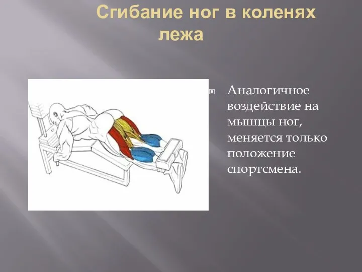 Сгибание ног в коленях лежа Аналогичное воздействие на мышцы ног, меняется только положение спортсмена.