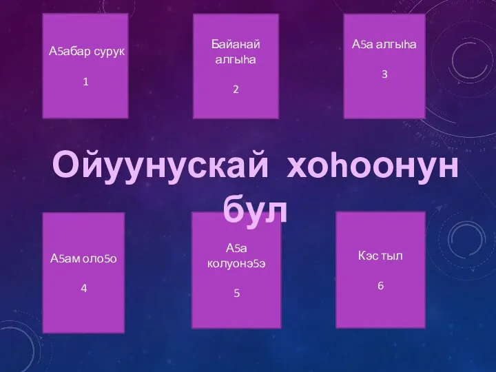 А5абар сурук 1 Байанай алгыhа 2 А5ам оло5о 4 А5а колуонэ5э 5