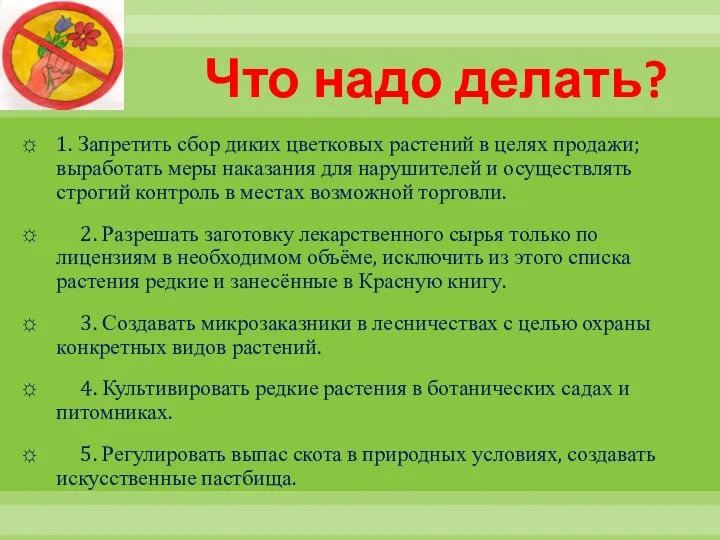 Что надо делать? 1. Запретить сбор диких цветковых растений в целях продажи;