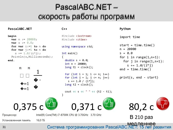 PascalABC.NET – скорость работы программ PascalABC.NET begin var n := 20000; var