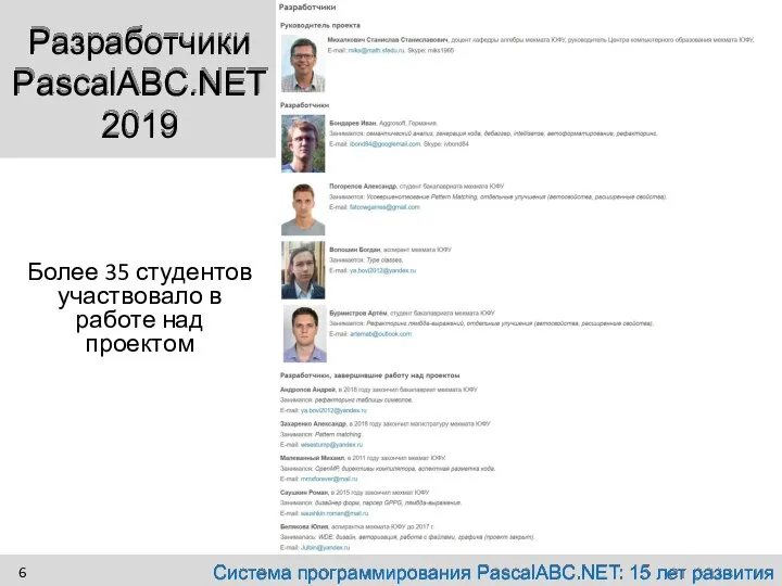 Разработчики PascalABC.NET 2019 Более 35 студентов участвовало в работе над проектом Система