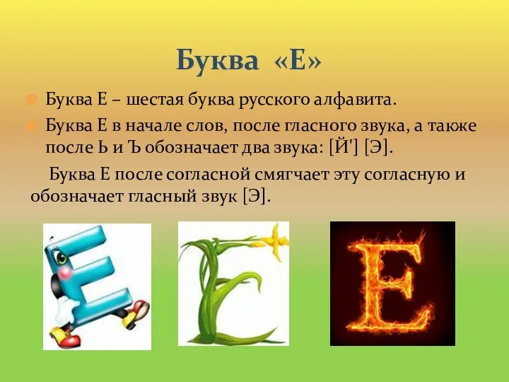 Буква Е – шестая буква русского алфавита. Буква Е в начале слов,